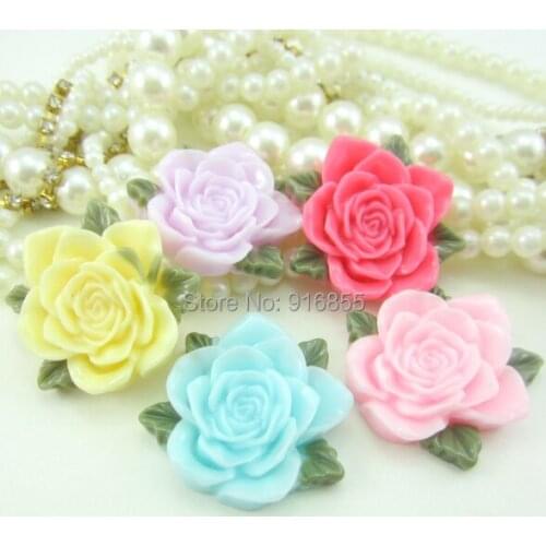 Free shipping 18pcs/lot 31mm mixed color freshy and Exquisitely flat back resin rose flower with leaves for DIY decoration