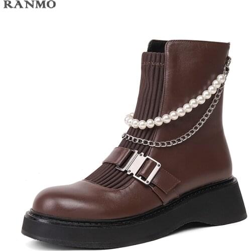 Working Casual Women Ankle Boots Genuine Leather Platform Shoes 2021 Autumn Winter Metal Decoration Shoes Woman Chelsea Boots