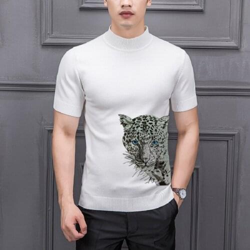 Mens Short Sweater Half-Sleeved Knitting Semi-High Collar Fitness Sports Rhinestone Heavy Industry Big Leopard Pattern