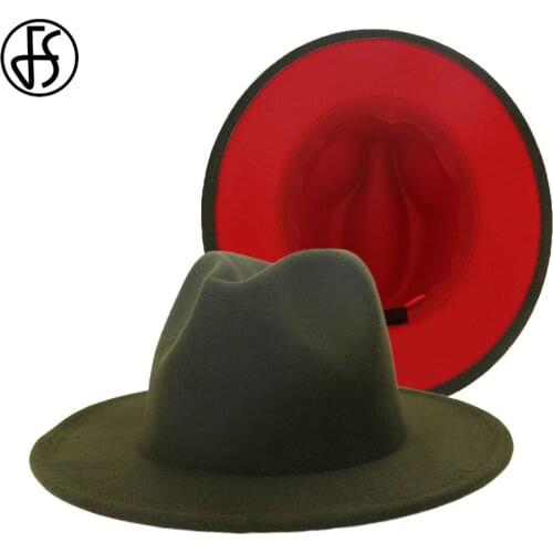FS 60CM Hat Army Green Red Patchwork Wool Felt Fedora Hat With Red Brim Wide Winter Men Women Large Brim Panama Trilby Jazz Cap