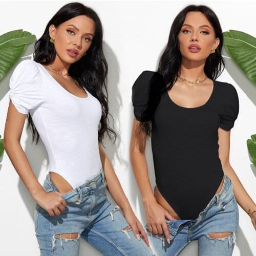 Short Sleeve Bodysuit Jumpsuit Tops Tees Basic Body Women Female Fashio Sexy Low O Neck Puff Sleeve Bow Skinny Stretch Lingerie