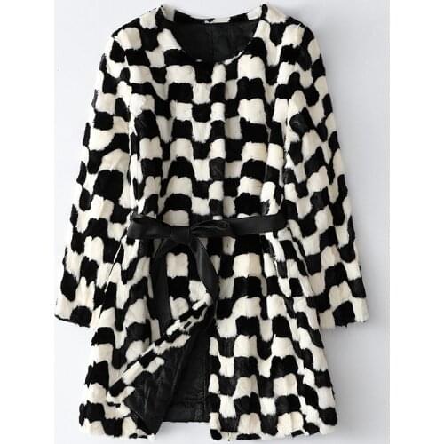 New Super Printed Mink Fur Slim Jacket with Sashes Fall Winter High Quality Medium Length Mink Jacket Thick Warm Coat Outwear