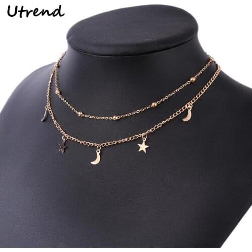 Utrend Multilayer Necklace For Women Crescent Moon Star Pendant Choker Necklace Delicate Double Layer Collier Jewelry Bijoux