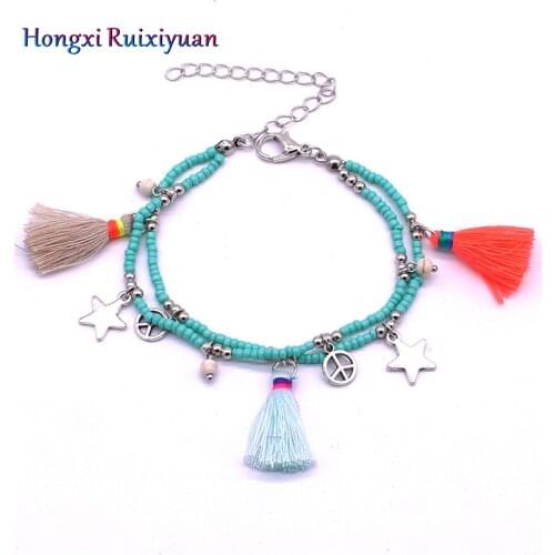 Bohemian multi-layer beaded bracelet fashion crystal 5 point star and peace circle ladies bracelet charm beaded bracelet jewelry