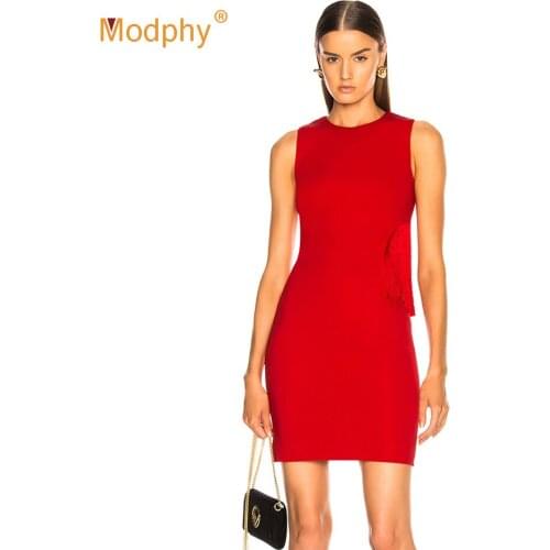 Modphy 2020 New Womens Red Bandage Dress Sexy Round Neck Sleeveless Bodycon Fringe Mini Dress Celebrity Club Party Vestidos