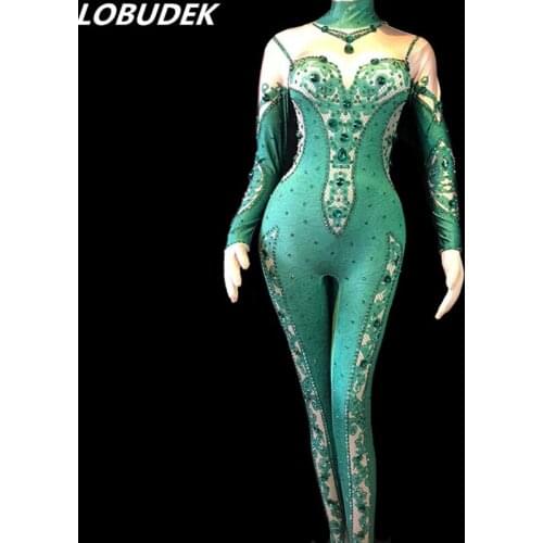 Fashion Party Celebration Jumpsuit Green Rhinestones Stretch Jumpsuit Nightclub Bar DJ Singer Stage Costume Sexy Show Dance Wear