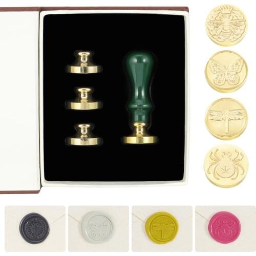 Wax Seal Stamp Set,4 Pieces Metal Sealing Wax Stamps with 1 Wooden Handle,Seal Stamp Maker for Party Invitations Cards Letters