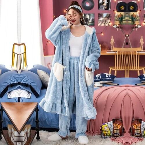 New Women Autumn Winter Flannel Bath Robes Pajama Set Thick Warm Coral Velvet Home Clothes Hooded Sleepwear Nightgown Negligee