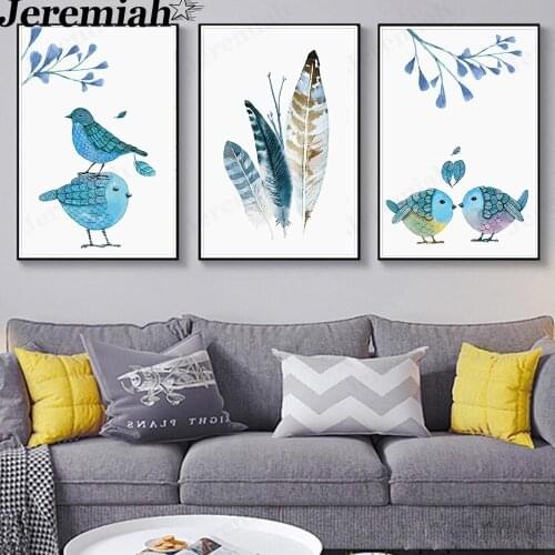 Nordic Cute Bird Canvas Poster Blue Leaf Bird Painting Wall Art Modern Home Room Decoration Frameless Painting