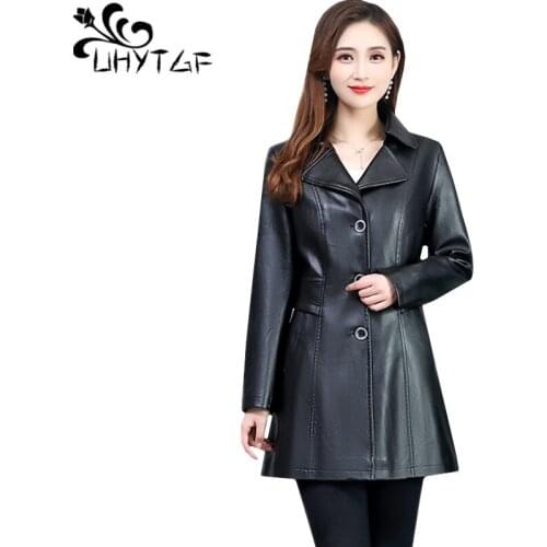UHYTGF Luxury PU spring autumn leather jacket women6XL plus size leather jacket femme quality washed leather slim women coat 830