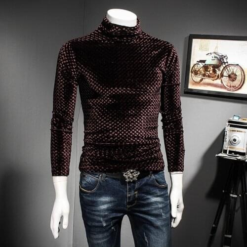 Luxury Solid Black Coffee Turtle Neck T-Shirt Men Autumn Winter Slim Fit Plaid Tshirt Club Outfit Camisa Masculina