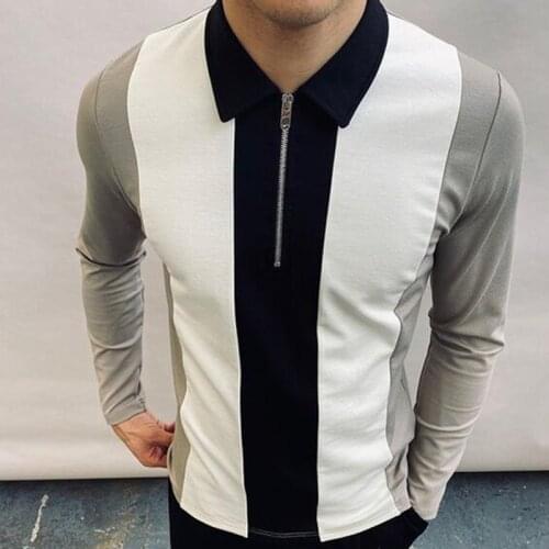 2021 Mens Fashion Autumn Streetwear Patchwork Long Sleeve Polo Shirts Casual Turn-down Collar Zipper Tops Men Slim Polo Shirts