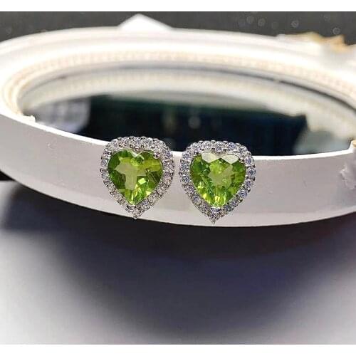 Classic Heart Crystal Stud Earrings for Daily Wear 8mm Natural Peridot Silver Earrings Fashion 925 Silver Peridot Jewelry
