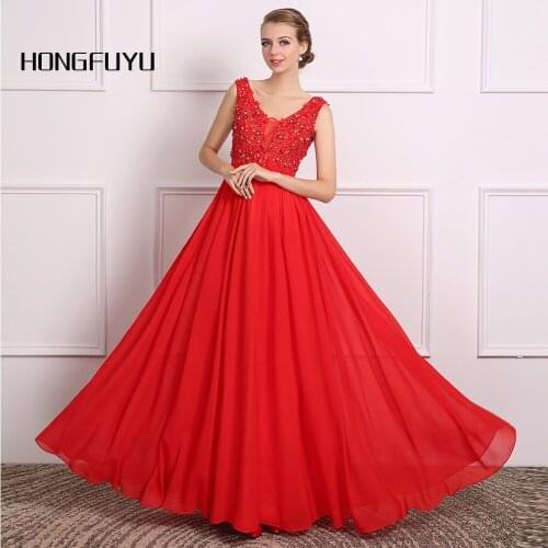 Real Photo V Neck Appliques A Line Chiffon Long Prom Dresses 2019 Red Backless Beading Floor Length Formal Prom Dress DG1A93