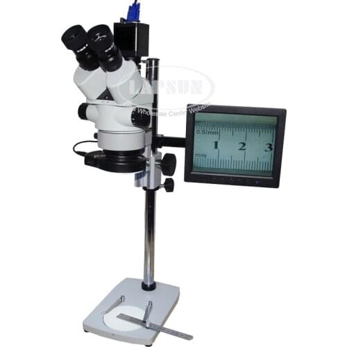 Simul Focal 3.5X - 90X Trinocular Industry Inspection Zoom Stereo Microscope Set+ 2MP VGA Camera + 8 inch Monitor + Barlow Lens