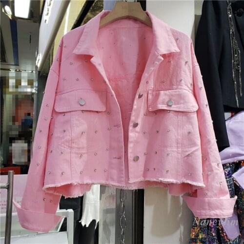 Rhinestone Yellow Denim Jacket Women 2021 Spring New Pure Color Ripped Frayed Hem Jean Coats Girls Students Top Outwears