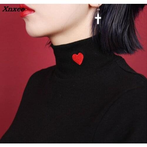 Women Tops 2018 Winter Japanese Vintage Lolita Red Heart Embroidery Turtleneck Long Sleeve T-Shirt 10 Colors Black White Xnxee