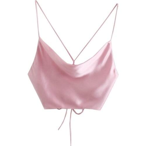Woman 2021 Pink Satin Crop Top Women Summer Spaghetti Straps Backless Sexy Tank Top Female Beachwear Tanks Camis