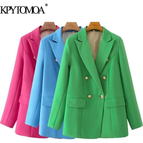 KPYTOMOA Women 2021 Fashion Double Breasted Candy Color Blazer Coat Vintage Long Sleeve Flap Pockets Female Outerwear Chic Veste