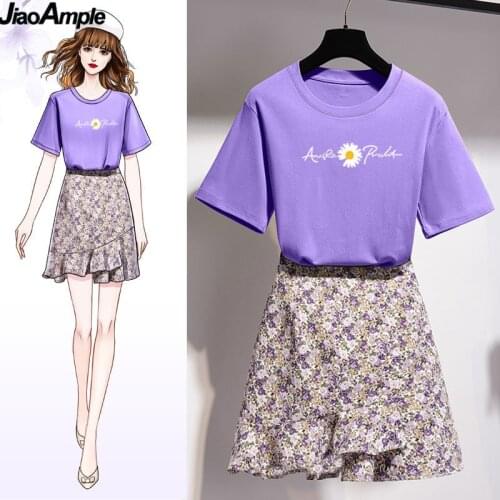 Girls Korean Sweet Daisy Print T-shirt Skirts Set Women Summer Cozy Cotton Short Sleeve Mini Dress Suit 2021 Fashion Clothing