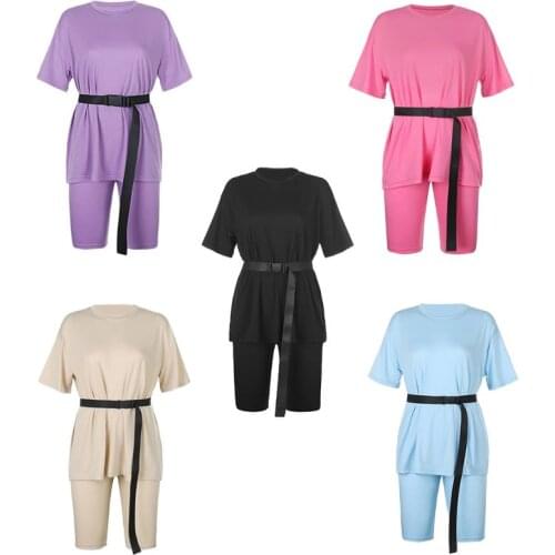 Women Solid 2 Piece Outfit Set Summer Oversized Loose T-Shirt Tops Bodycon Biker Shorts Workout Sports Tracksuit with Waist Belt
