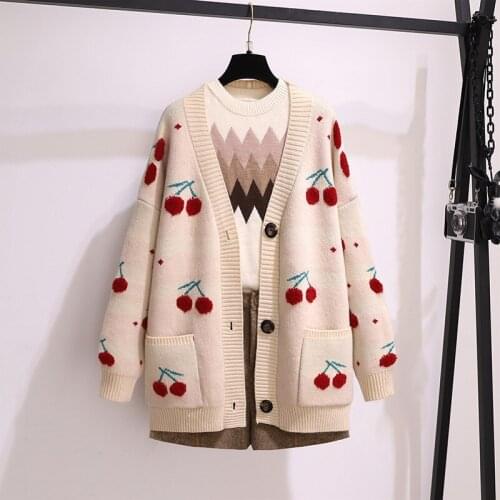 Cute Cherry Sweaters Women Embroidered Oversized Cardigan 2021 Autumn Korean V Neck Casual Long Sweater Coat Female Sueter Mujer