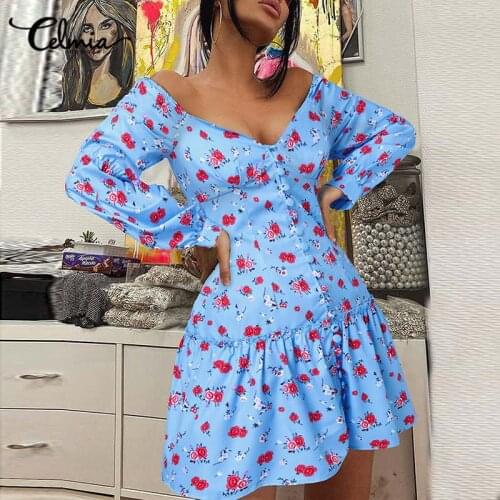 S- Celmia Women Casual Holiday A-line Mini Dress 2021 Summer Flower Printed Sexy V-neck Sundress Fashion Shirring Vestidos