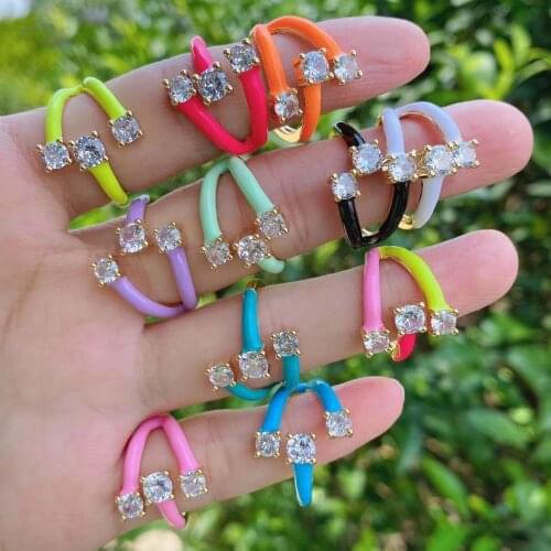 5Pcs Colorful Enamel Adjustable Ring, Enamel Stacking Ring, Cz Zirconia Stone Rings Gold Color Rainbow Women Jewelry