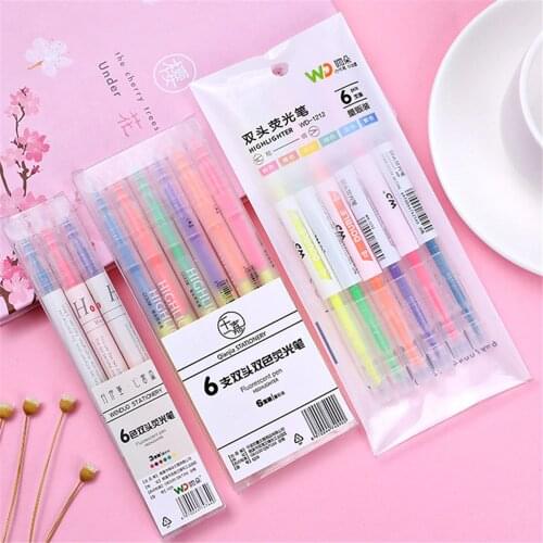6pcs/set Double Head Marker Pens Water Color Highlighter Kids Students Drawing Discolor Pen School Stationery Art Markers