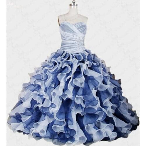 RSE277 Vestidos De 15 Anos Yiaibridal Pleats Sweetheart Ball Gown Puffy Organza Ruffles 2 Piece White And Blue Quinceanera Dress