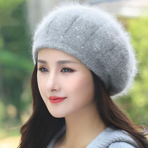 Beret Women Winter Hat Knit Warm Angora Rhinestone Double Layers Thermal Snow Outdoor Skiing Accessory Cap Headwear