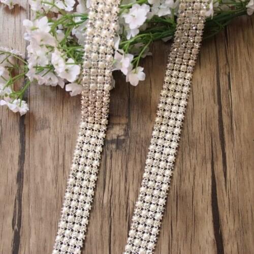 Free Shipping 5 yards 4rows Crystal Rhinestone&Pearl Mesh Trim, Rhinestone Applique,Wedding Applique,Rhinestone Chain LSRT12191