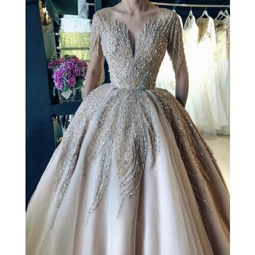 Elegant Wedding Dresses O Neck Beaded Heavily Long Sleeve Floor Length Bridal Gown 2020