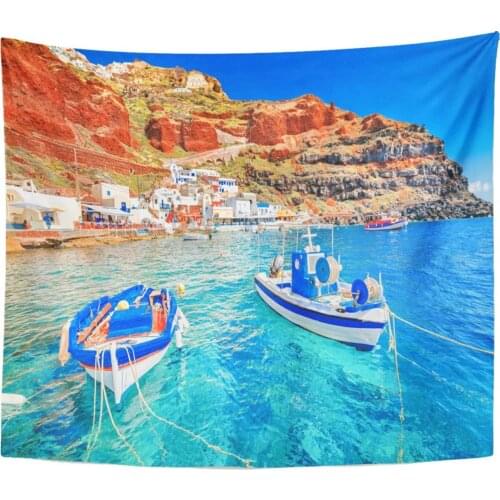 Tapestry Greece Breathtaking Beautiful Landscape of Two Fishing Boats Anchored Tapestries Wall Hanging for Living Room Bedroom
