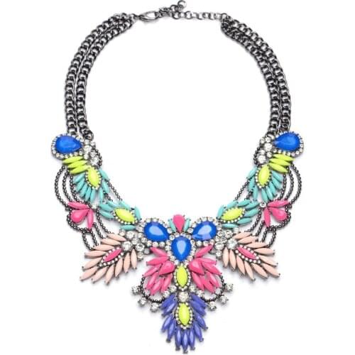 Indian Ethnic Charm Choker Necklace Women Colorful Acrylic Crystal Flower Big Necklace Jewelry Statement Large Collar Necklace