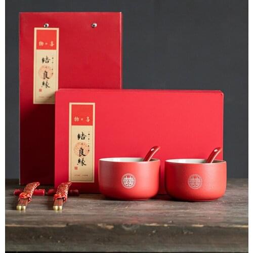Chinese traditional wedding red ceramic bowl soup spoon chopsticks set tableware gift box
