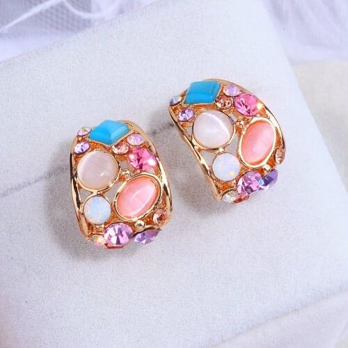 Classic Korean Geometric Hollow Out Opal Stud Earrings Brincos Colorful Crystal Stud Earrings For Women Fashion Wedding Jewelry