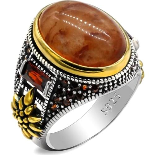 925 Sterling Silver Men Ring Unisex Fine Turkish Jewelry Silver Ring for Women with Golden Natural Quartzite Stone Male Female