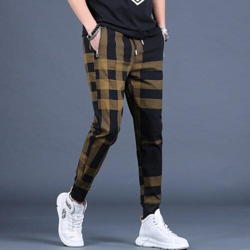 Summer Mens Fashion Plaid Casual Pants Men Slim Fit Black Yellow Drawstring Trousers