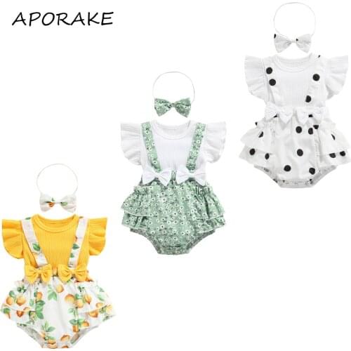 2021 0-24M Summer Baby Girl Clothes Cute 3pcs Solid Color Fly Sleeve Romper+Lemon/Dot/Floral Print Bow Straps Shorts+Headband