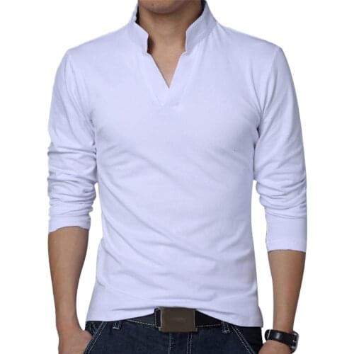 T-Shirts Solid Color Men Plus Size Stand Collar V Neck Long Sleeve T-Shirt Slim Top