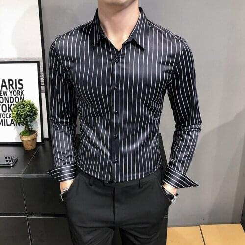 Summer Luxury Brand Mens Long Sleeve Striped Dress Shirts Smart Casual Smooth Material Standard-fit Youthful Button-down Shirt