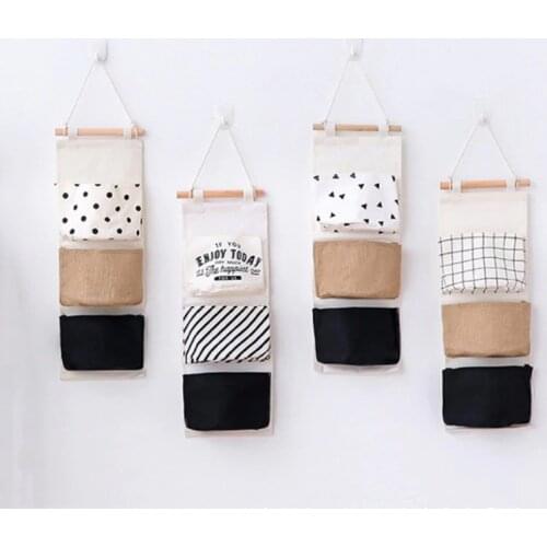 3 Pockets Cotton Linen Wall Hanging Storage Bags Nordic Black White Wardrobe Hang Bags Cosmetic Toys Sundries Organizer Pouch