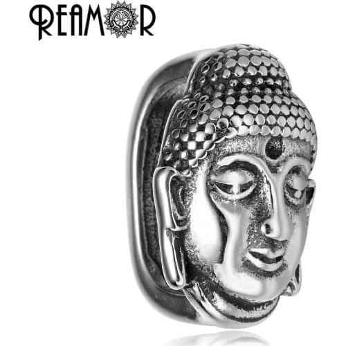 REAMOR 12*6mm 316l Stainless Steel Thailand Buddha Head European Square Charm Beads Fit Men Leather Bracelet DIY Jewelry Making
