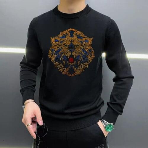 Leisure 2021 Luxury Mens Sweater Hot Rhinestone Lion Head Thickened Cashmere Pullover Fashion Slim Sweatshirt