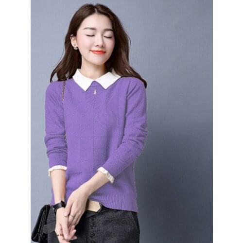 Spring Autumn Style Women Knitted Pullover Tops Lady Casual Peter Pan Collar Long Sleeve Patchwork Sweater Pullover ZZ1003
