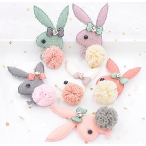 Upscale Plush Fabric Patch Bow Tie Rhinestone Chiffon Ball Cartoon Rabbit Applique for Clothing Craft Sticker DIY Hair Decor S63