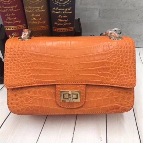 Authentic Crocodile Belly Skin Women Chic Flap Bag Female Single Cross Shoulder Bag Genuine Alligator Leather Lady Orange Purse