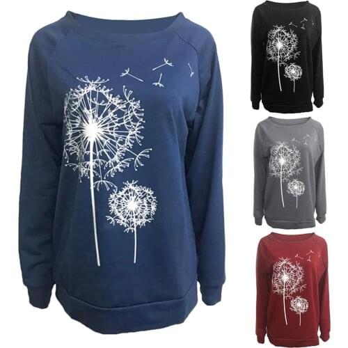 Women Casual Dandelion Print Long Sleeve O Neck Loose T-shirt Blouse Sweatshirt Ladies Shirt Plus Size 3xl Female top