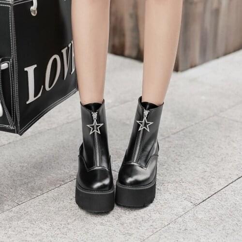 Front Zipper Chunky Platform Womens Boots Solid Black Goth Boots Women Round Toe High Heel Ankle Boots for Women